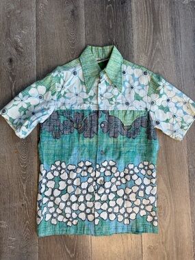 Vintage 1950’s Malihini Hawaiian Shirt in Teal Floral 100%Cotton 0485